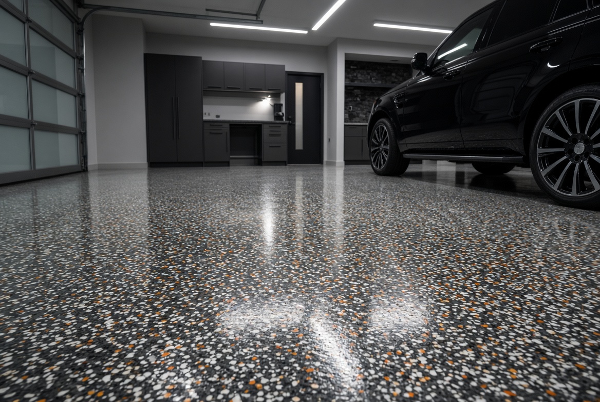 Polyaspartic flake garage floor