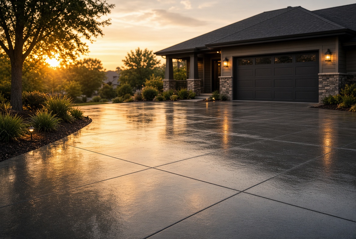 Residential concrete driveway at sunset