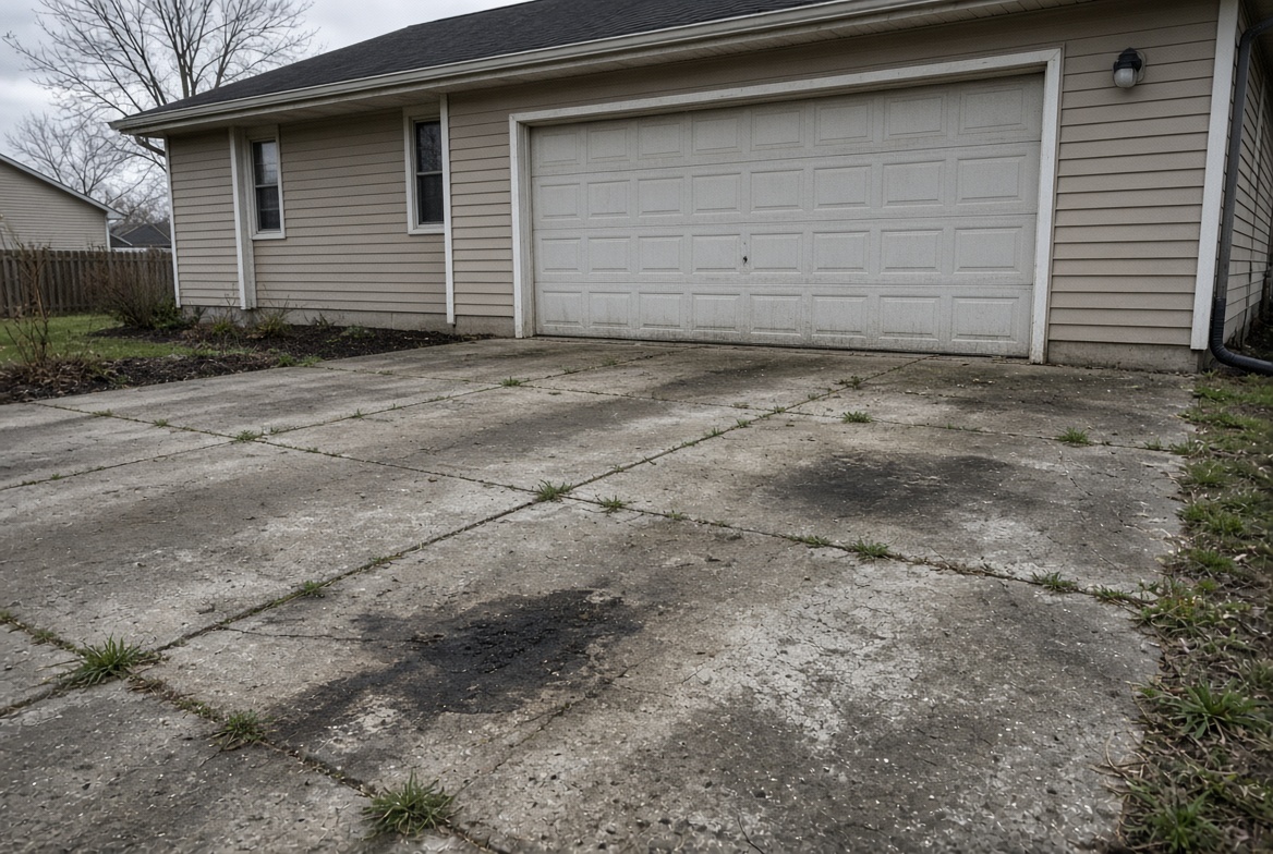 Stained, cracked driveway that needs work